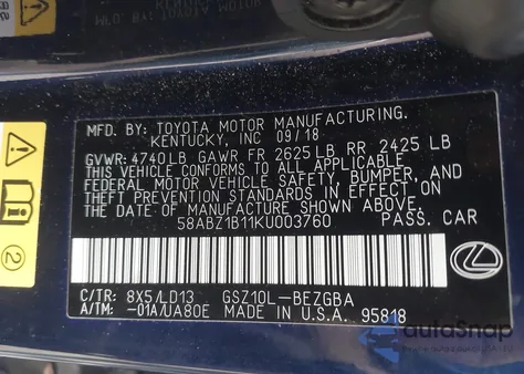 2019 Lexus Es 350 из США, поврежденный, VIN 58ABZ1B11KU003760